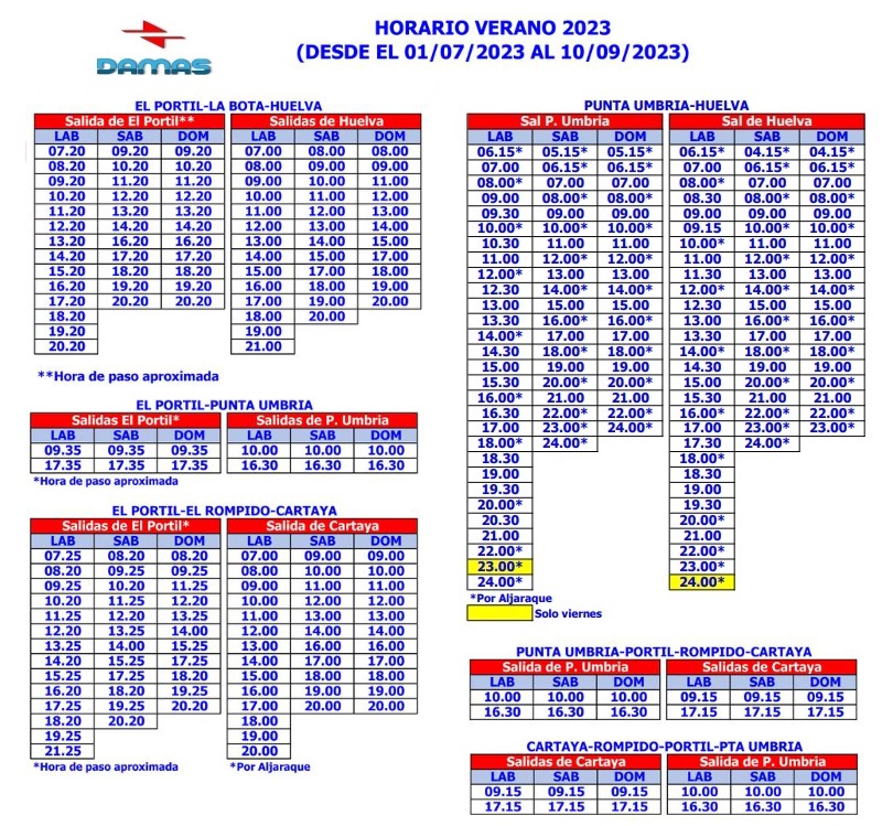 Horarios Damas verano 2023